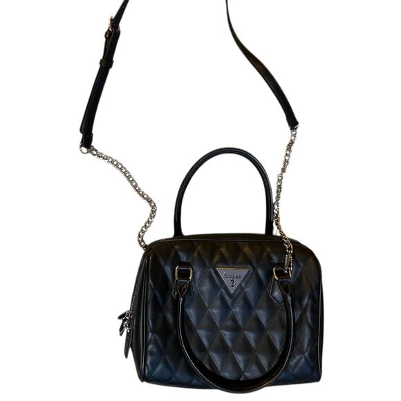 Guess Handbags - Guess Cessily Quilted Boxed Satchel Handbag Black Vegan Faux Leather Crossbody‎
